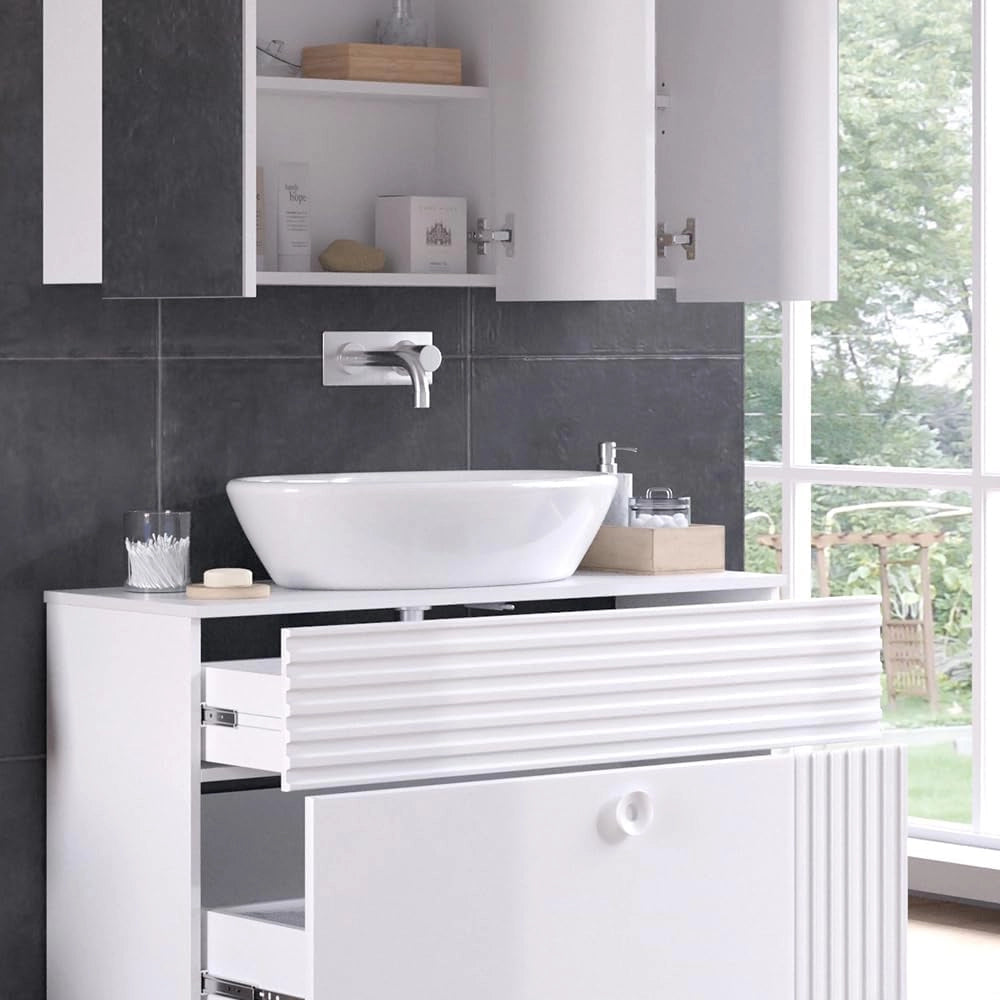 Set di mobili da bagno Sola, Bianco, 100 cm, composto da specchio da bagno e mobile sottolavabo