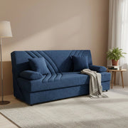 Divano letto Apicella, Divano letto contenitore a 3 posti con 2 cuscini inclusi, Sofà\  da soggiorno in tessuto imbottito con apertura click-clack, Cm 181x81h88, Blu
