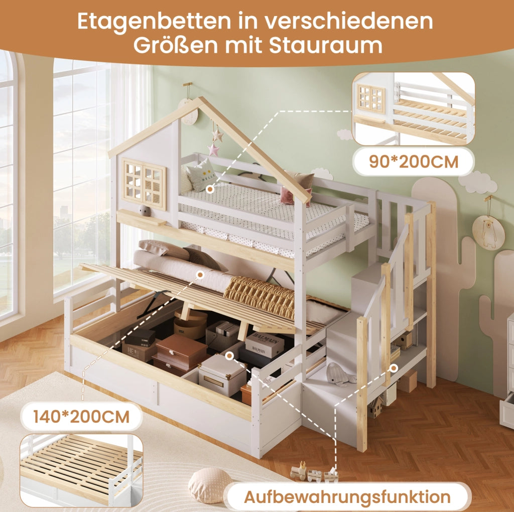 Letto a castello 90x200 e 140x200 cm con vano idraulico; pino e MDF; bianco naturale