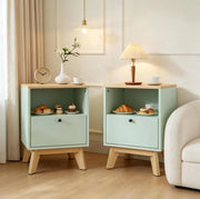Set di 2 Comodini in MDF Verde Chiaro con Cassetto e Ripiano Aperto, 40x40x55 cm