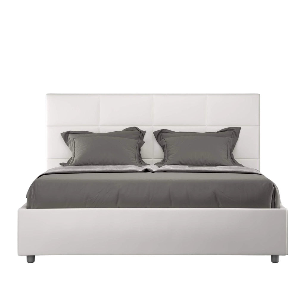 Letto queen size con rete imbottito 150x200 similpelle bianco Mika