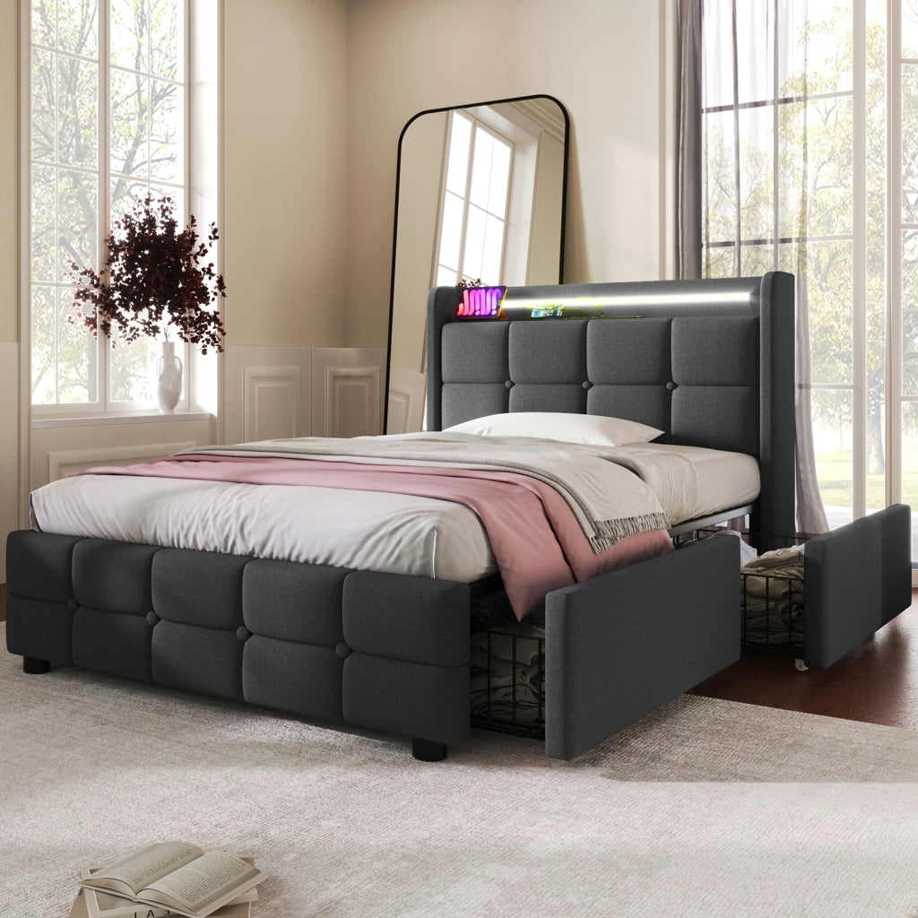 DESMIU Letto singolo 90 × 200 cm con prese USB, LED e 2 cassetti, con materasso, grigio