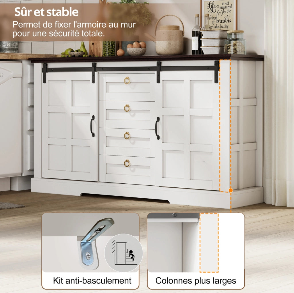 Credenza moderna e rustica 150 x 40 x 85 cm con ante scorrevoli; 4 cassetti; bianca in MDF