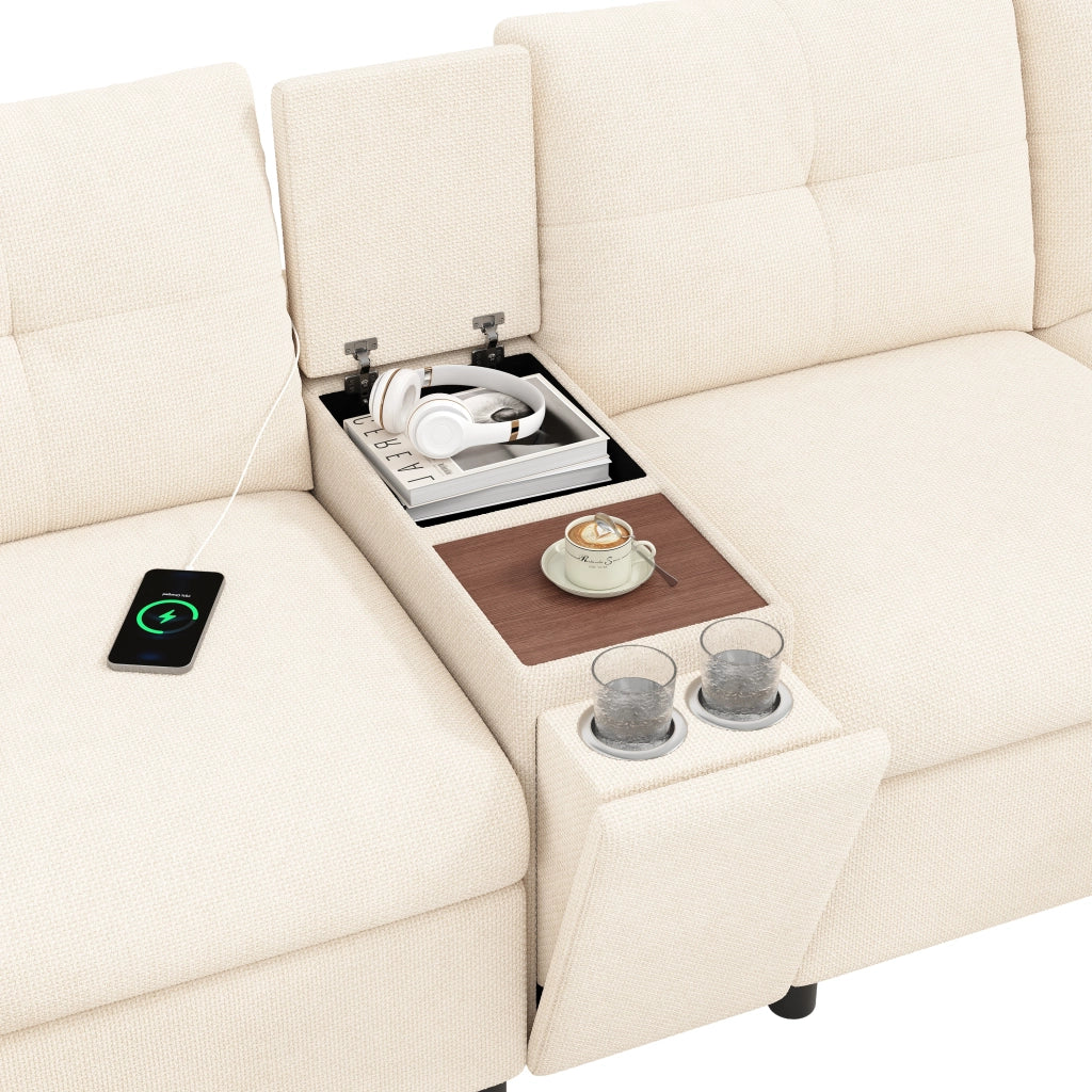 Divano angolare modulare 6 posti con 2 pouf contenitore e consolle centrale con USB e Type-C, in ciniglia beige