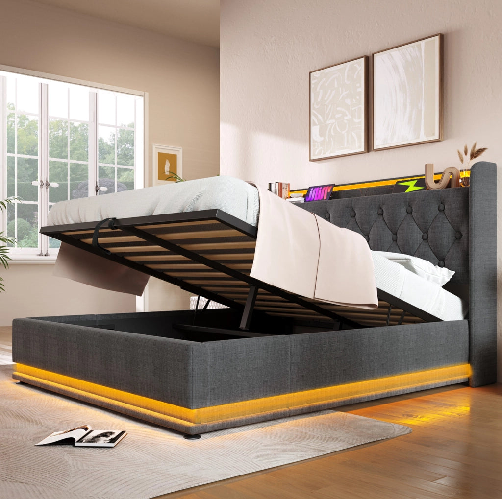 Letto matrimoniale 140x190 cm con contenitore; LED 360°; USB e Type-C; grigio