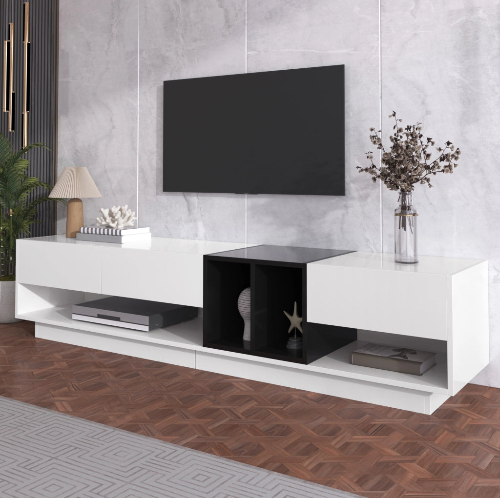 Mobile porta TV moderno lucido bianco e nero con 3 cassetti, 190 cm