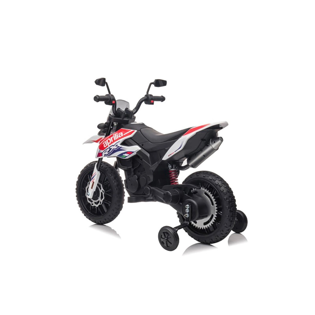 Moto Elettrica per Bambini Aprilia RX-125 Small 12V Cross Sedili In Pelle Luci Led Bluetooth Sospensioni a Molla Bianco