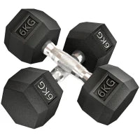 Set di 2 Manubri da 6 kg Esagonali con Presa Antiscivolo e Rivestimento in Gomma, Nero
