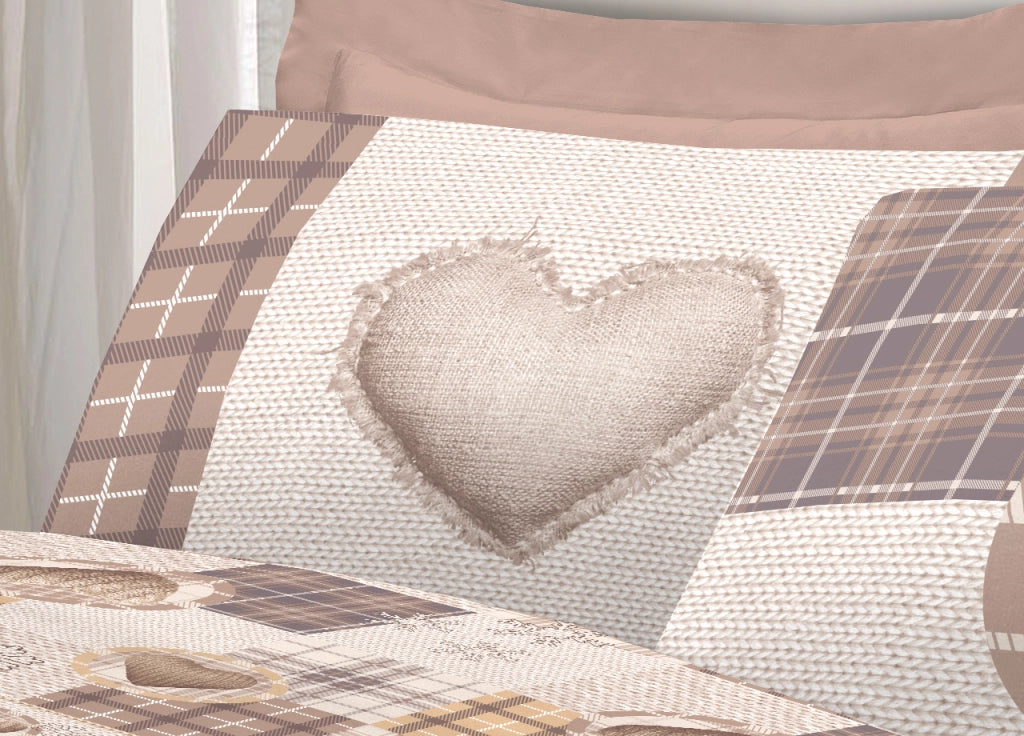 Completo Lenzuola Linea Pensieri Delicati 100% Cotone Disegno Love Mountain - Piazza E Mezza - Beige