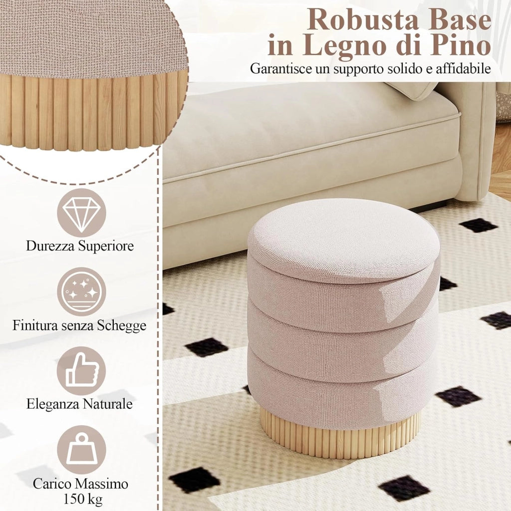 Pouf Contenitore Rotondo 35,5 L, Poggiapiedi Divano Imbottito con Coperchio Rimovibile, Sgabello Moderno in Ciniglia con Base in Legno di Pino, per Soggiorno e Camera da Letto