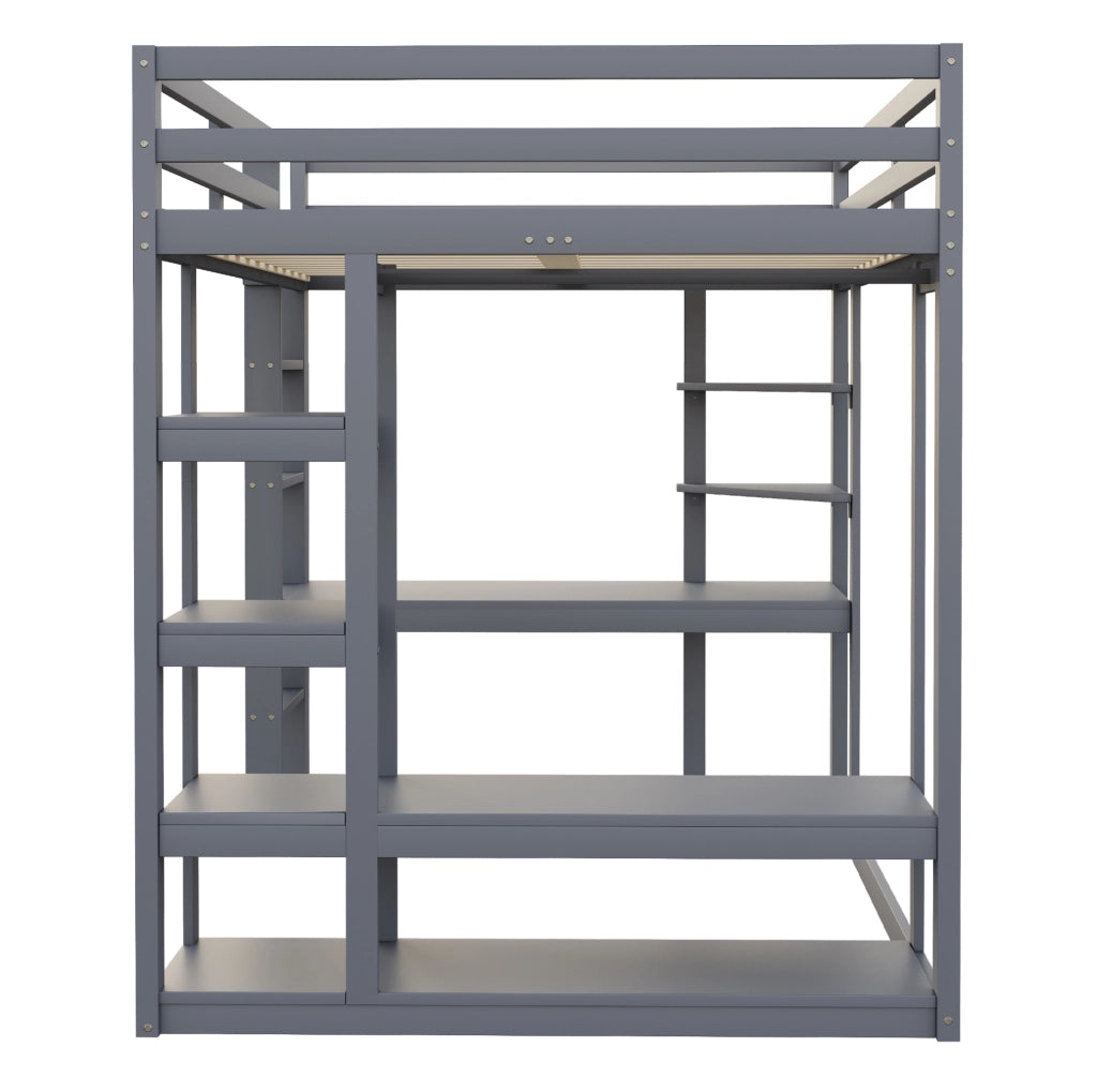 Letto a soppalco grigio 140x200 cm in legno con scrivania; scaffali e scala