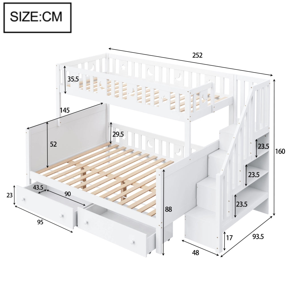 Letto a castello per bambini 90x200 cm e 140x200 cm con scala contenitore; cassetti; bianco