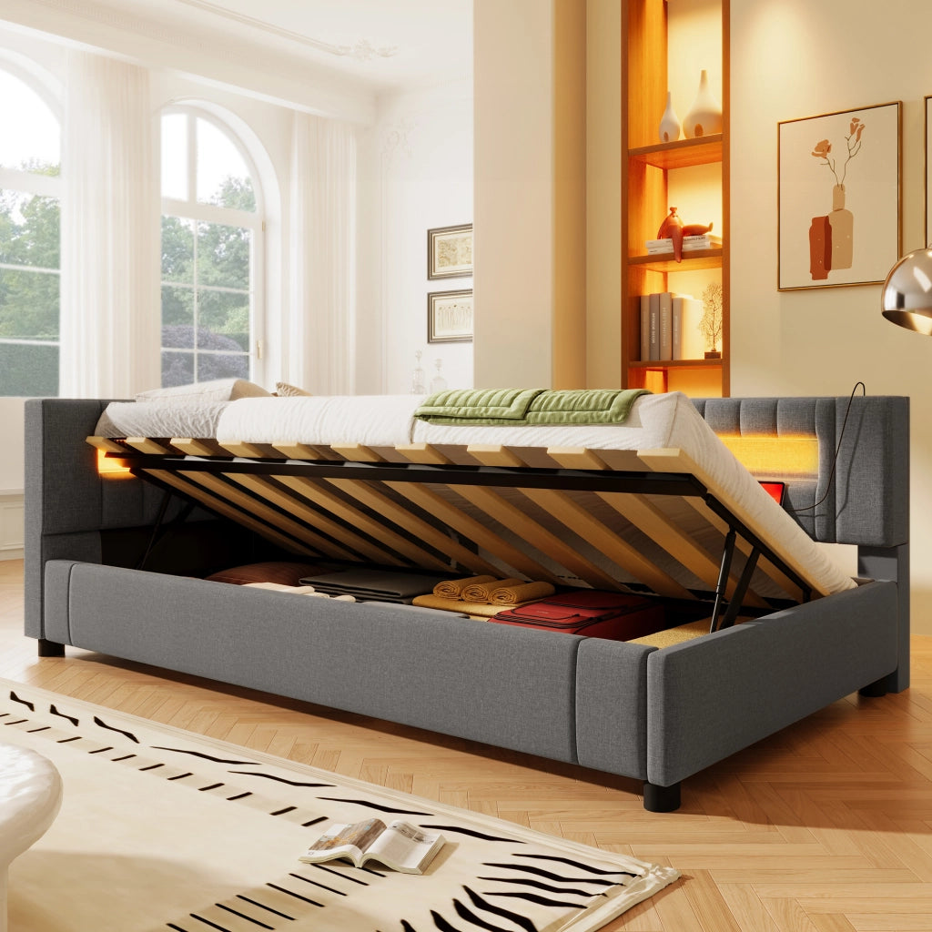 Daybed in lino grigio 90x200 LED a piè letto sollevamento idraulico USB/Type-C