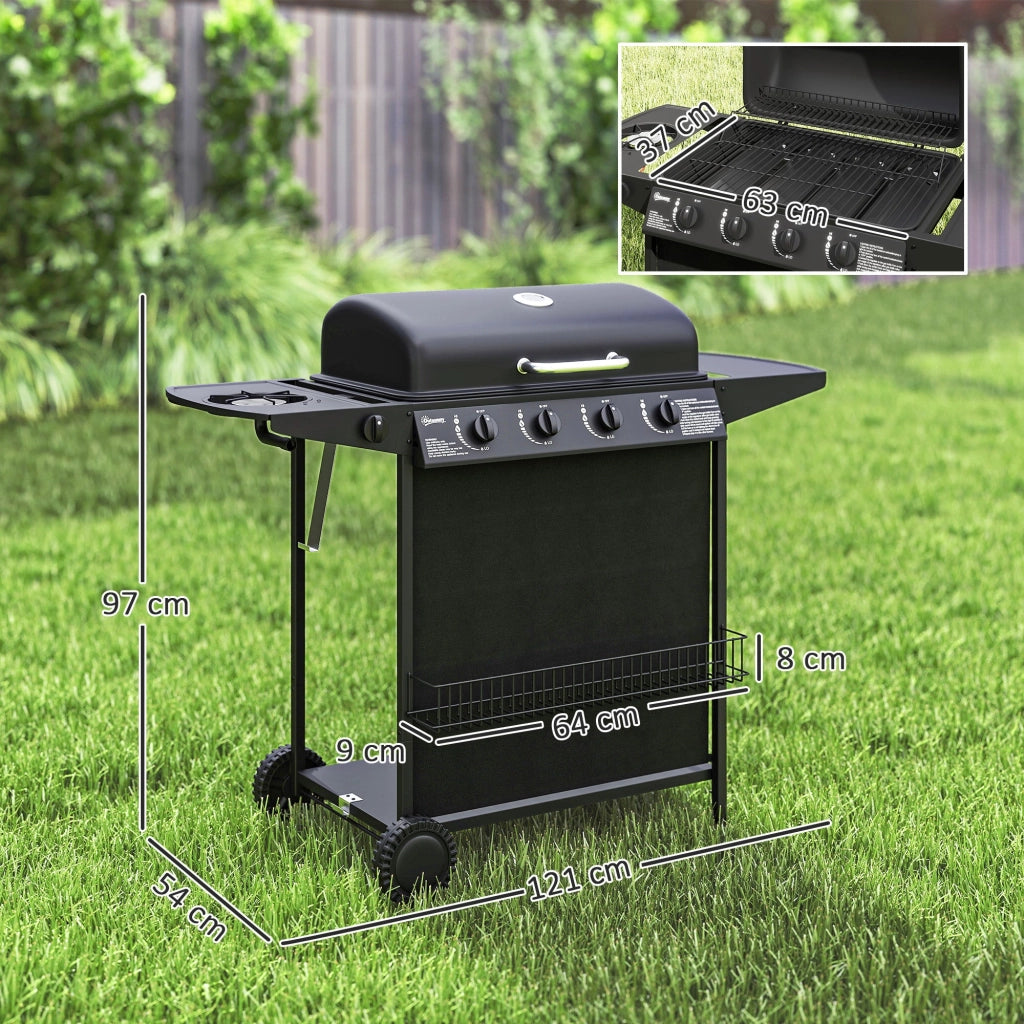Barbecue a Gas con 4+1 Bruciatori Indipendenti 121x54x97 cm Coperchio con Termometro Nero
