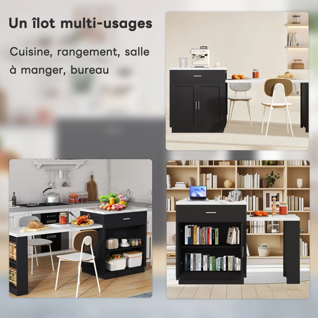 Mobile base da cucina con tavolo estraibile per 2–6 persone; prese USB; nero 211 × 55 × 89.5 cm