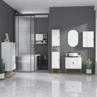 kleankin Mobile Bagno Sottolavabo con Armadietto 2 Ante in Legno e Acciaio, 60x30x65cm, Bianco e Oro