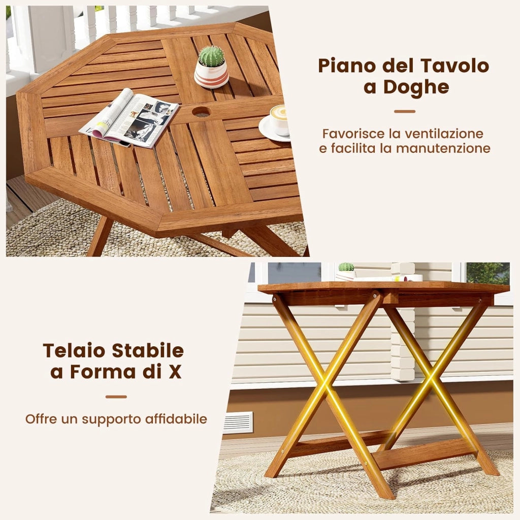 Tavolino da Giardino con Foro per Ombrellone da 5 cm, Tavolino da Caffè in Legno Massello con Struttura a Forma di X Robusta per Patio, Cortile e Bordo Piscina, 90 x 90 x 72 cm