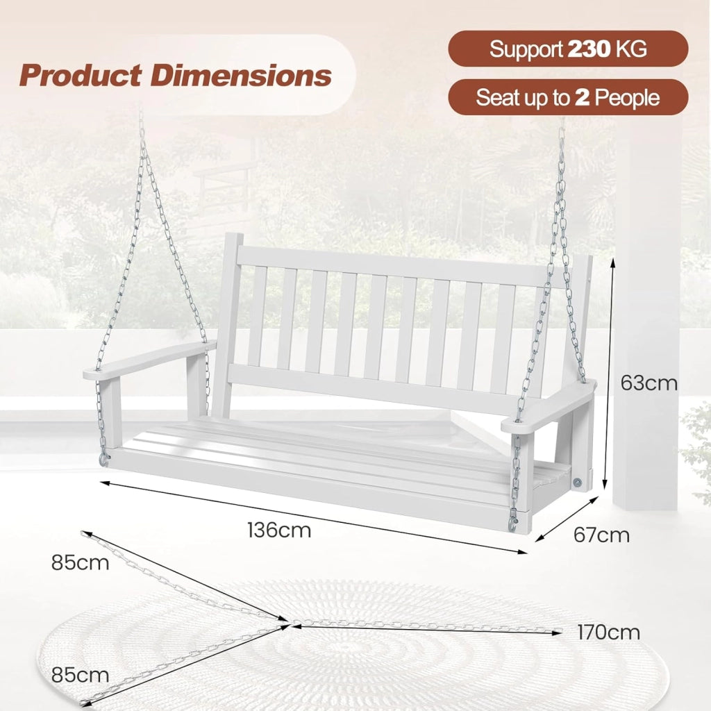 Altalena sospesa in legno per 2/3 persone con catene in metallo zincato regolabili e resistenti, con schienale a doghe e seduta per patio giardino (136 x 67 x 63 cm, bianco)
