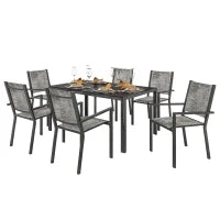 Set da Giardino 7 Pezzi in Acciaio con Tavolo Rettangolare e 6 Sedie Impilabili Traspiranti, Grigio e Nero