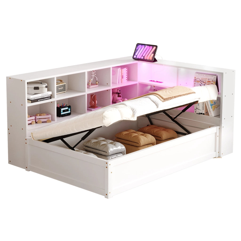 Letto 90x200 cm con prese multifunzione; LED e vani portaoggetti in legno bianco