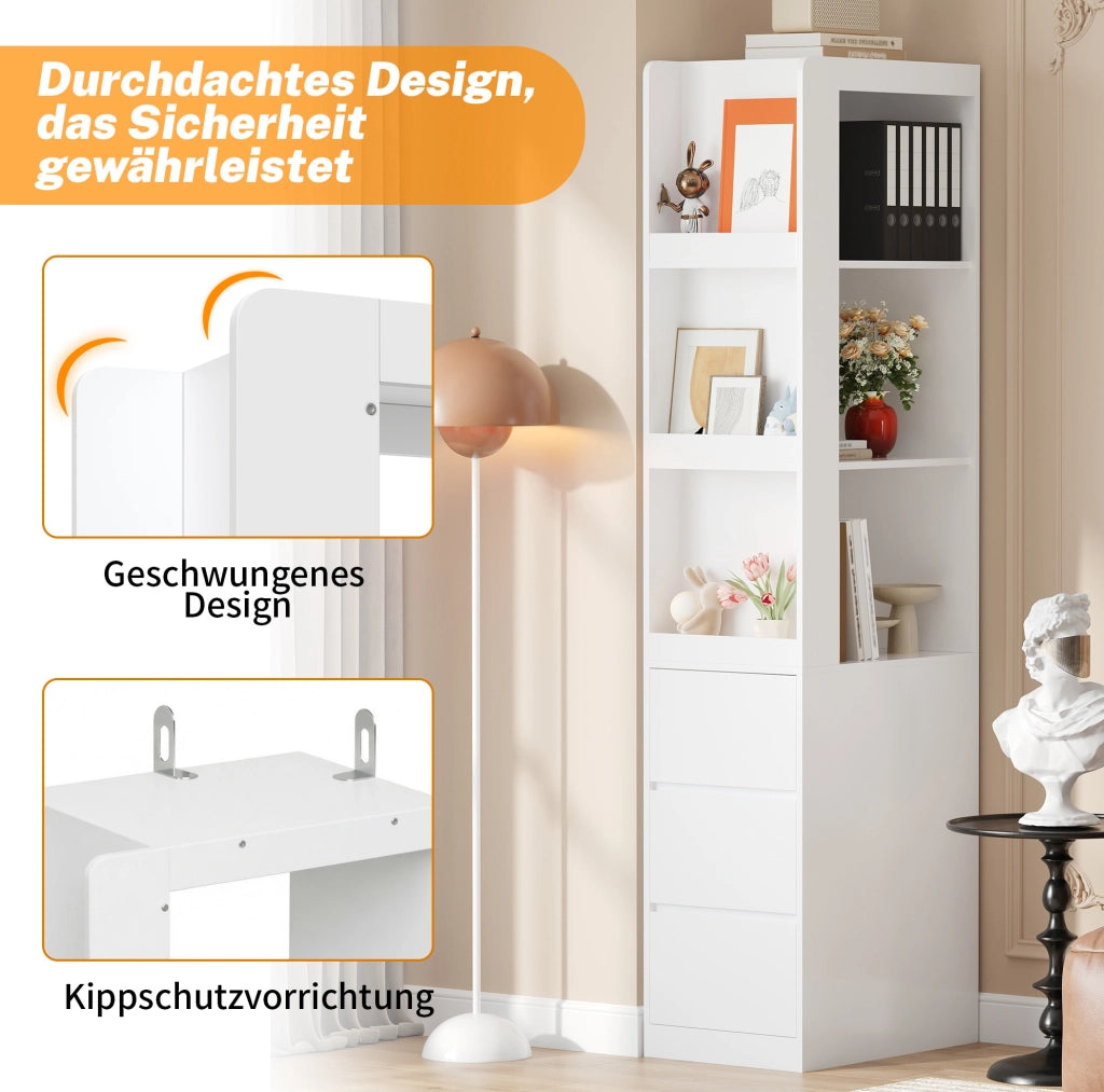 Libreria stretta con 3 ripiani aperti e 3 cassetti; reversibile; 60 x 40 x 200 cm; bianco