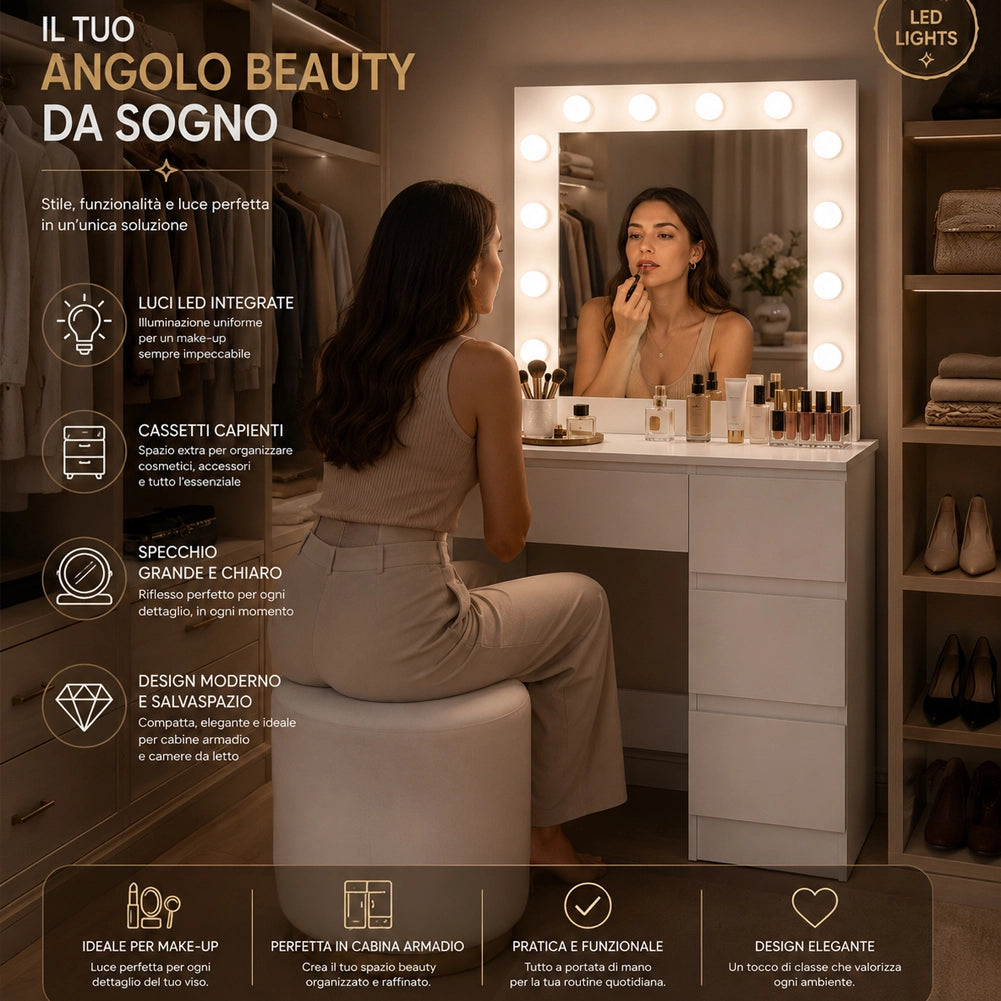 Toeletta Trucco con Luci Bianca Postazione Makeup 12 LED e Cassetti 94x43x140cm