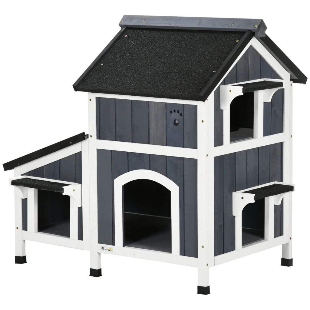 Casetta per Gatti a 2 Livelli in Legno da Esterno ¨C Zephmum ¨C Grigio 96x65x85.5 cm