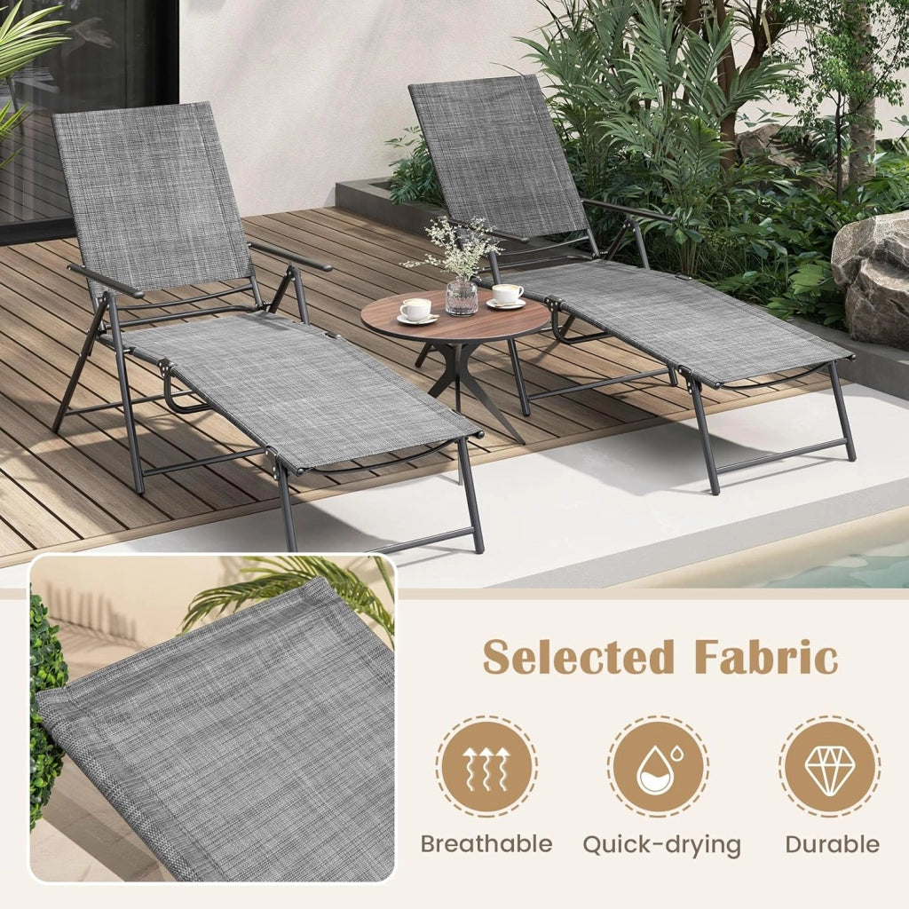 Set di 2 Sedie a Sdraio Pieghevolecon Schienale Regolabile e Poggiapiedi, Capacità di Carico 150 kg, Lettino Prendisole da Giardino Ideali per Patio, Giardino e Piscina, Grigio