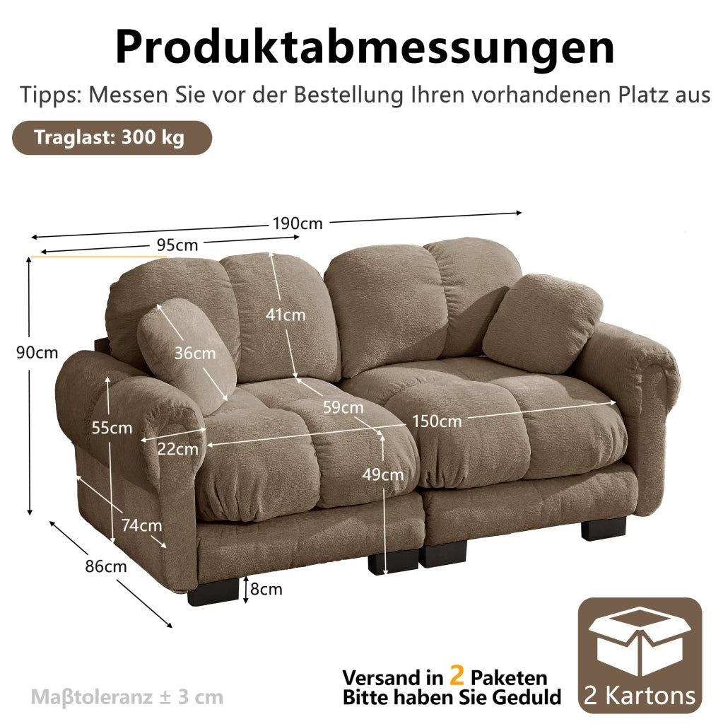 Divano modulare 2 posti 190x86x90 cm in chenille marrone con cuscini trapuntati