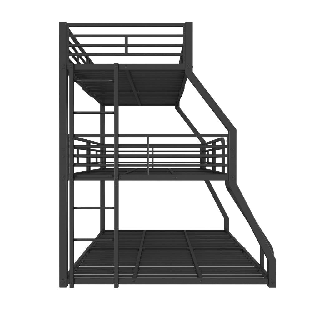 Letto a Castello Triplo 3 Posti con 2 Scale e Sponde; 90×200 cm; senza Materasso; in Metallo; Nero