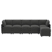 Divano modulare 6 posti con funzione letto e pouf mobile per soggiorno in chenille grigio