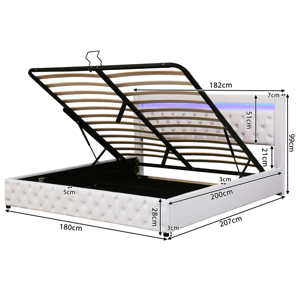 Letto imbottito matrimoniale 180x200 cm in PU bianco con contenitore e LED