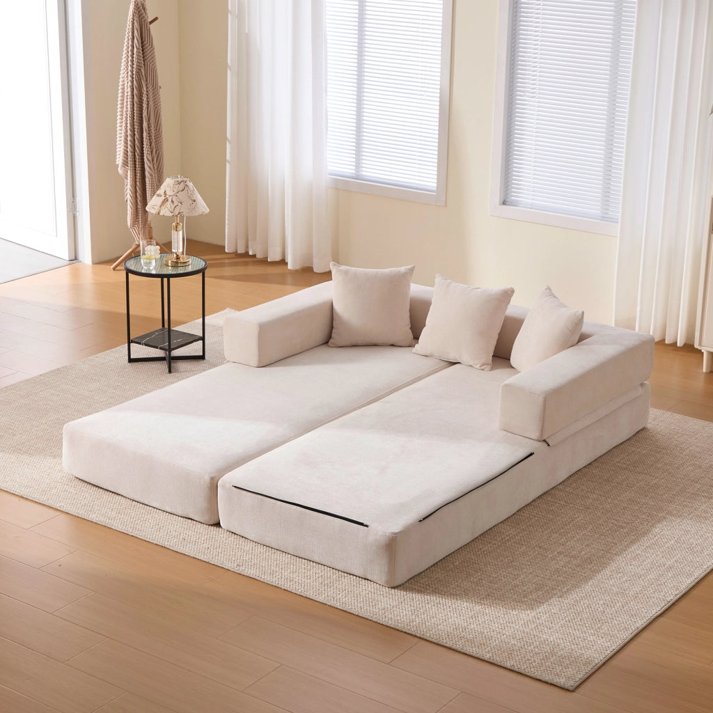 DIVANO MODULARE in Chenille Beige 198x79x60 cm con tasche laterali