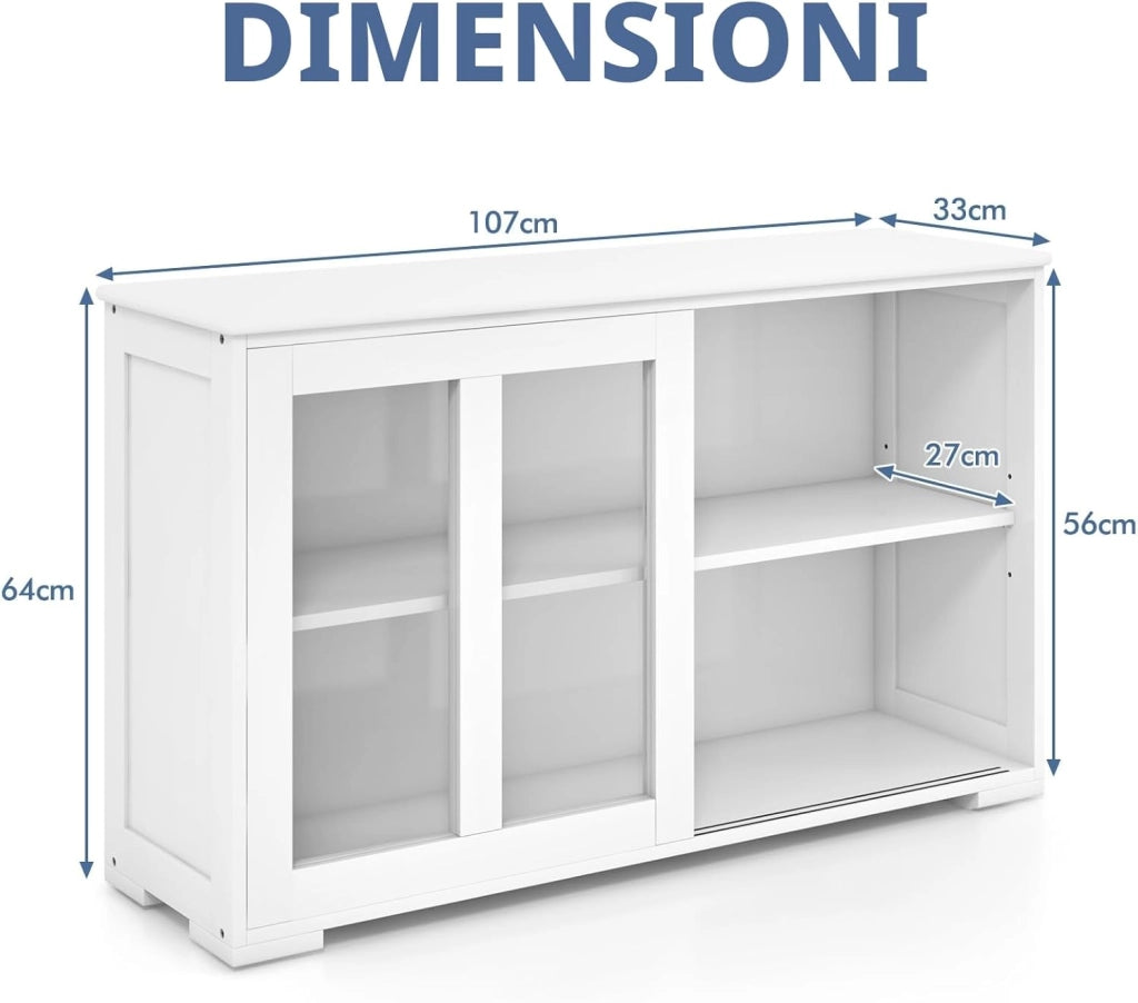 Mobile Buffet Dispensa Cucina con Ante Scorrevoli in Vetro Temperato e Ripiano Regolabile, Credenza Cucina, Armadietto a Buffet per Sala da Pranzo, Soggiorno, 107x33x64 cm (Bianco Puro)