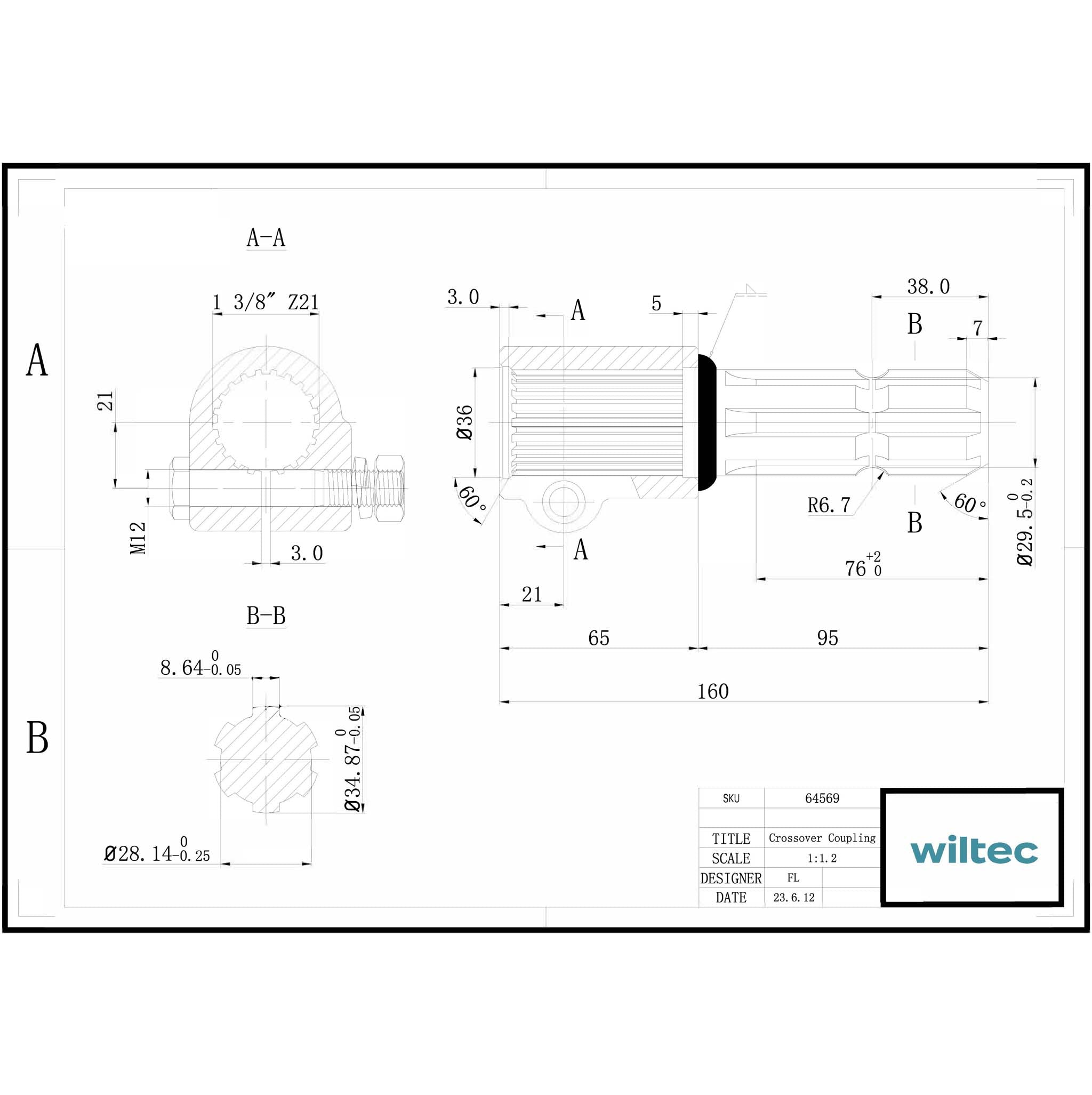 Boccola albero cardanico 160 mm Attacco albero scanalato 1 3/8" 21D Albero uscita 1 3/8" 6D Trattore