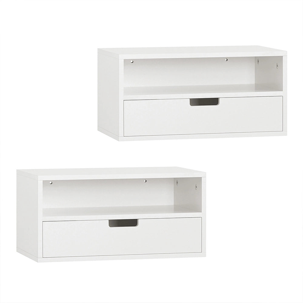 SoBuy | Set di 2 comodini sospesi bianchi senza ruote | Tavolino da letto con 2 cassetti | Comodini per camera da letto in MDF | 45×25×22 cm | Capacità di carico 20 kg | NKD03-Wx2