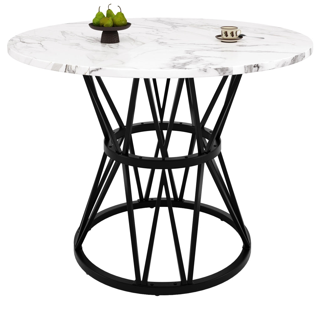Tavolo da pranzo rotondo con piano in MDF effetto marmo e base in metallo, nero, 100 × 100 × 76 cm