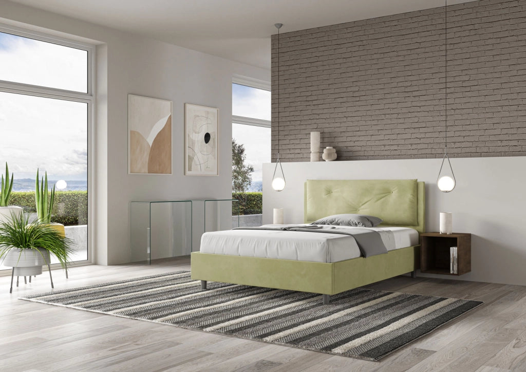 Letto Matrimoniale Francese 140x190 cm con Rete Imbottito in Microfibra Appia Large Tè Verde