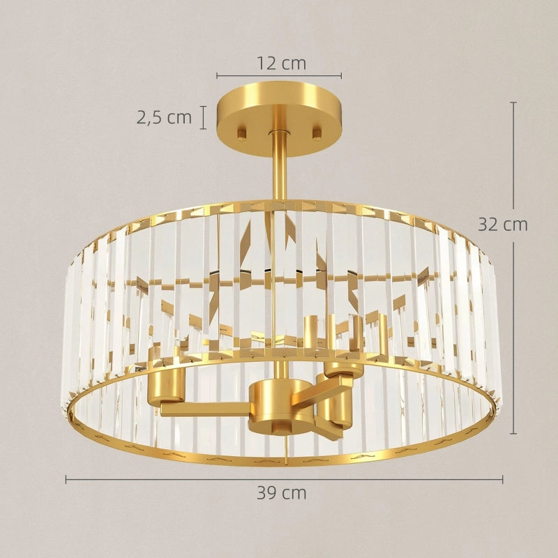 Lampada da soffitto, design a lampadario, paralume in cristallo, 3 lampadine, metallo, colore oro