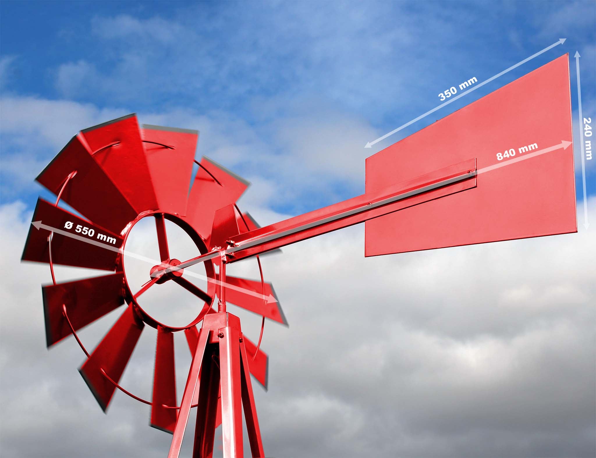 Mulino a vento da giardino stile USA rosso, altezza 245 cm, Ruota a vento con cuscinetti a sfera