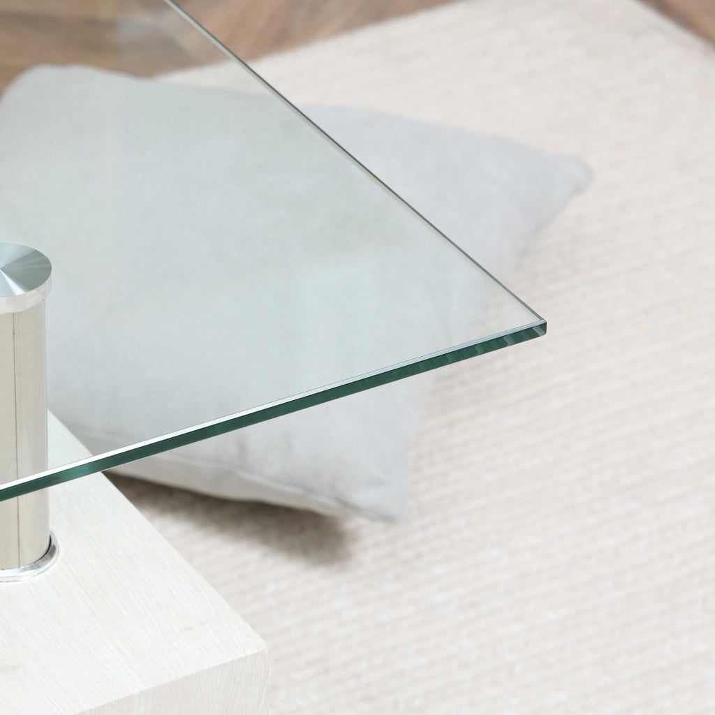 EasyComfort Tavolino da Caffè Moderno a 2 Livelli in Vetro e Legno, 90x50x42cm, Bianco
