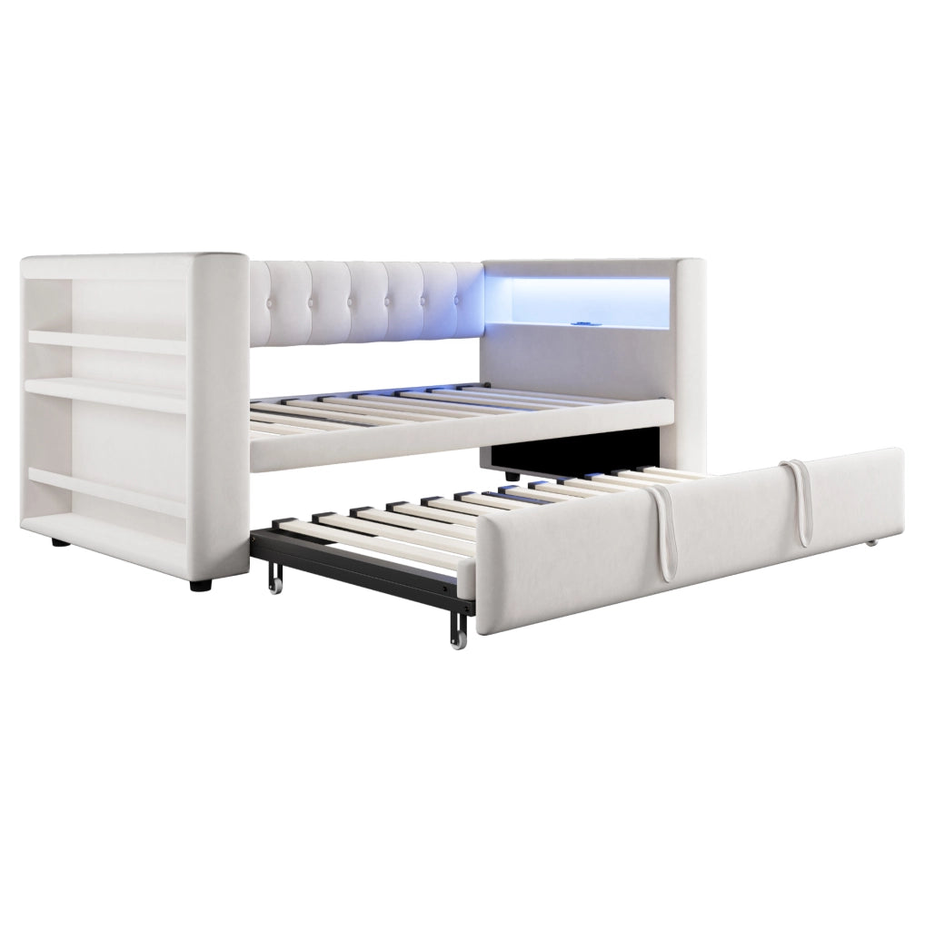 Divano letto multifunzionale 90/180x190 cm in flanella beige con LED; prese e contenitore