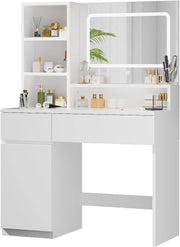 Toeletta Trucco con Specchio, Luci LED Regolabili, Ripiani Regolabili con 2 Cassetti，Postazione Trucco,Tavolo da Toilette Moderno in Legno Bianco