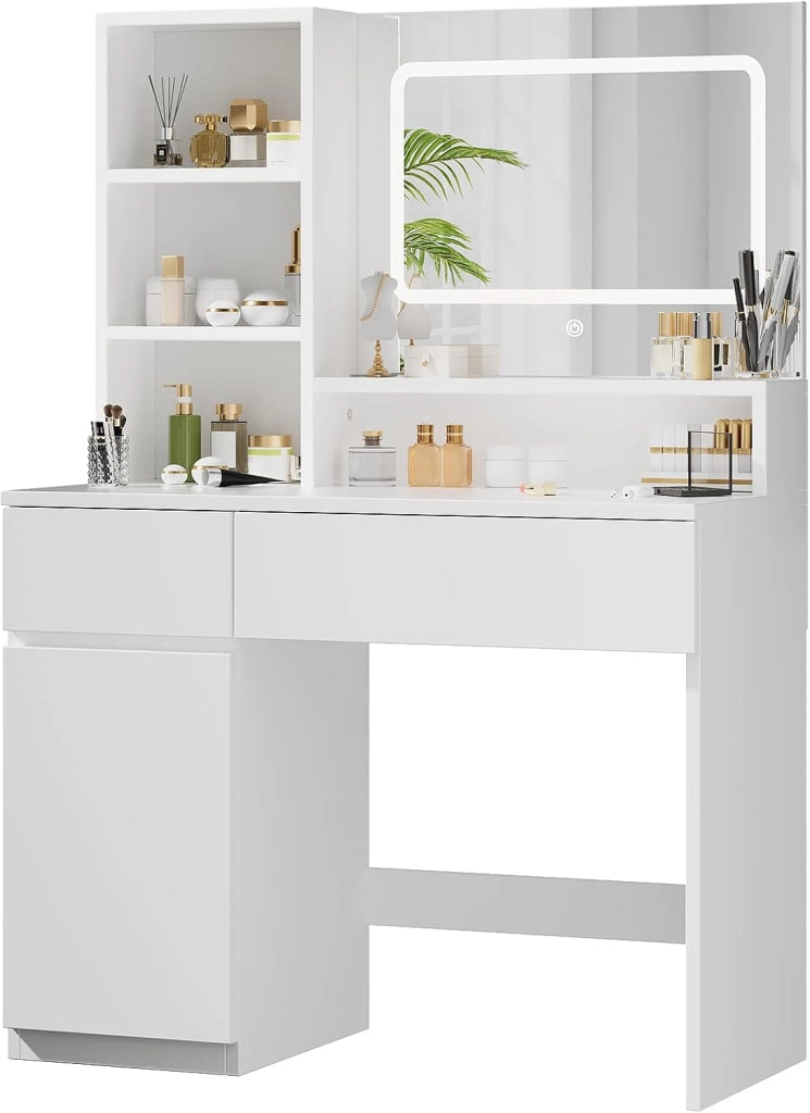 Toeletta Trucco con Specchio, Luci LED Regolabili, Ripiani Regolabili con 2 Cassetti，Postazione Trucco,Tavolo da Toilette Moderno in Legno Bianco