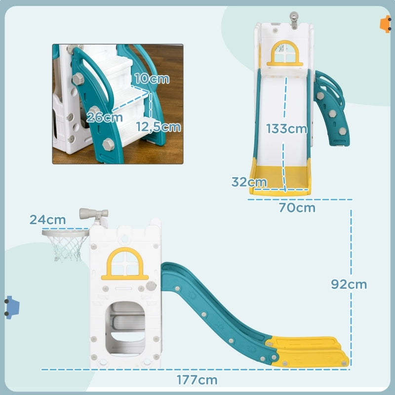 Scivolo per bambini 4 in 1 con canestro, telescopio e struttura da arrampicata, giallo, 70 x 177 x 92 cm