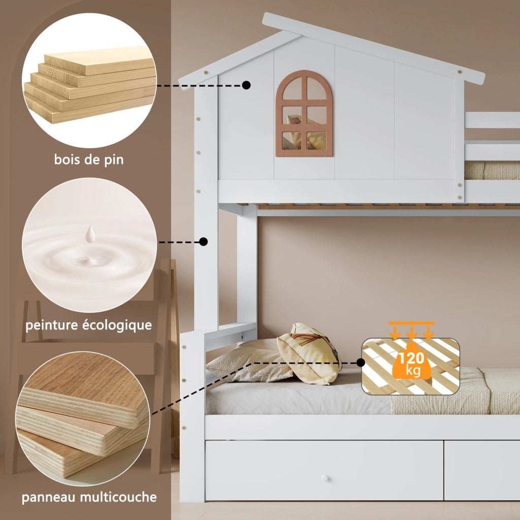 Letto a Castello 90x200 cm e 120x200 cm; 2 Posti; con Scivolo e Cassetti - Bianco