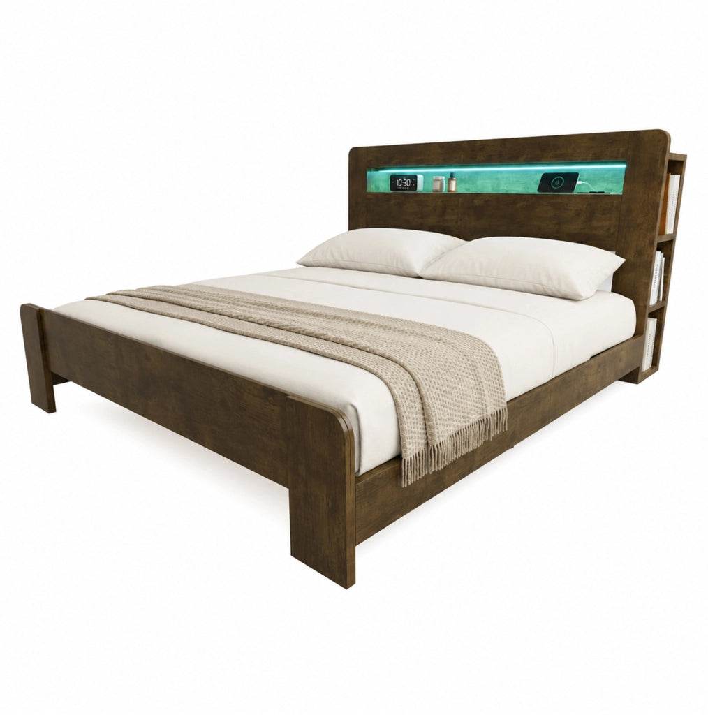 Letto 180x200 cm con testiera portaoggetti; LED e prese integrate in legno colore naturale