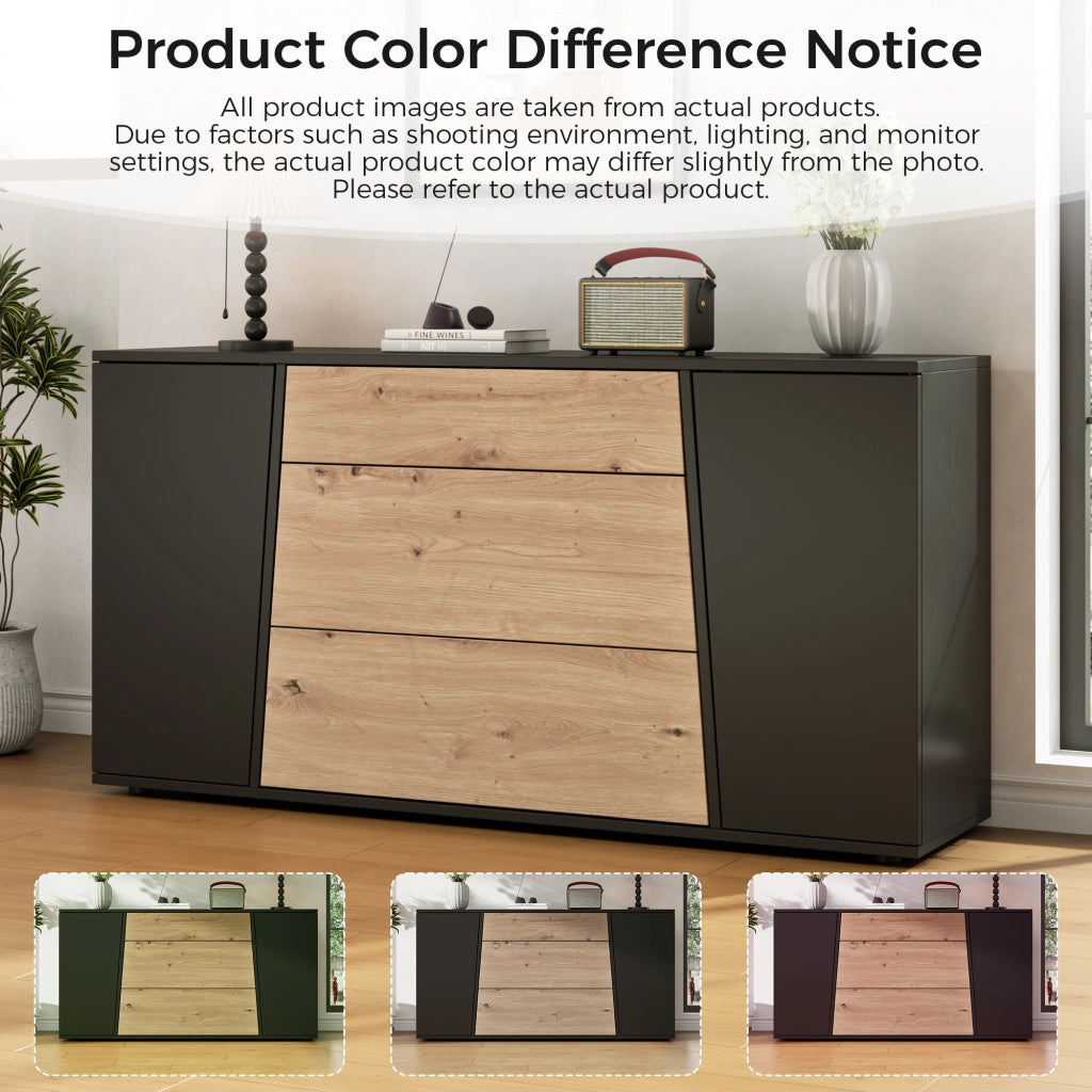 Credenza moderna 140 cm mobile buffet nero e legno con cassetti e ante