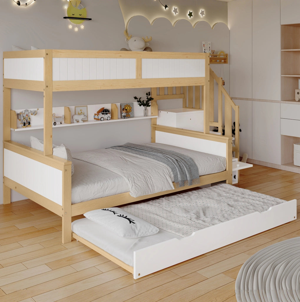 Letto a castello per bambini 3 posti con letto estraibile, armadio e scala contenitore
