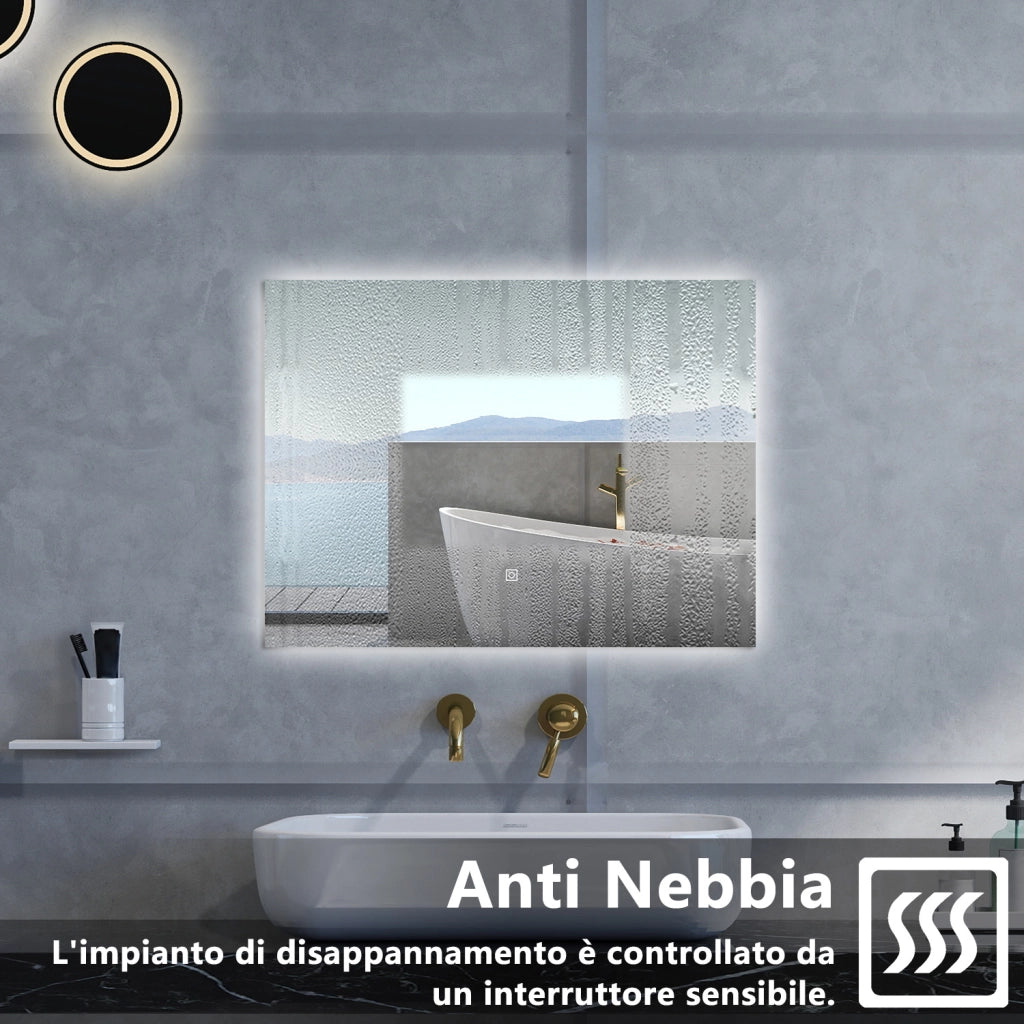 Specchio da bagno Rettangolare con 80x60cm,Memoria, Antifog,Regorabile,Retroilluminato,doppio interruttore,